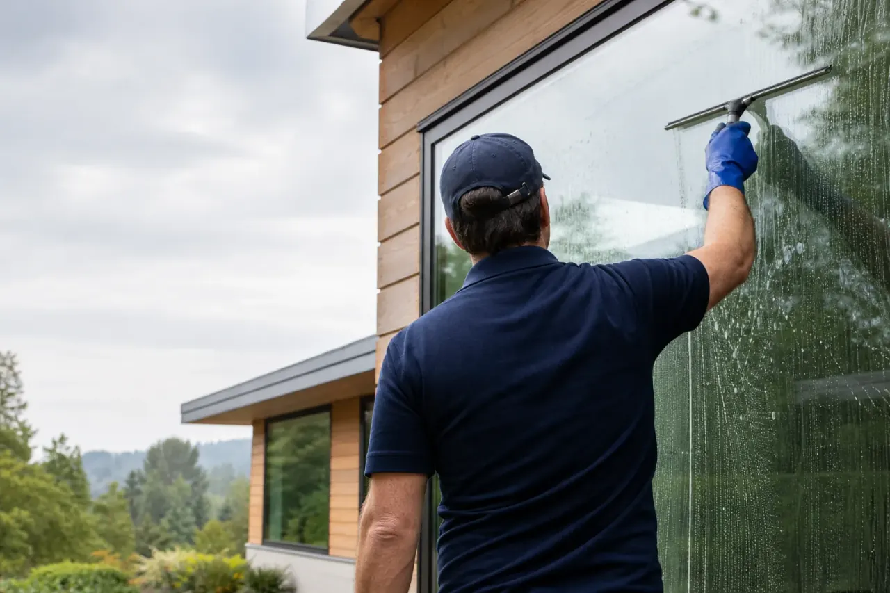 Professional exterior window cleaning on a single-story home