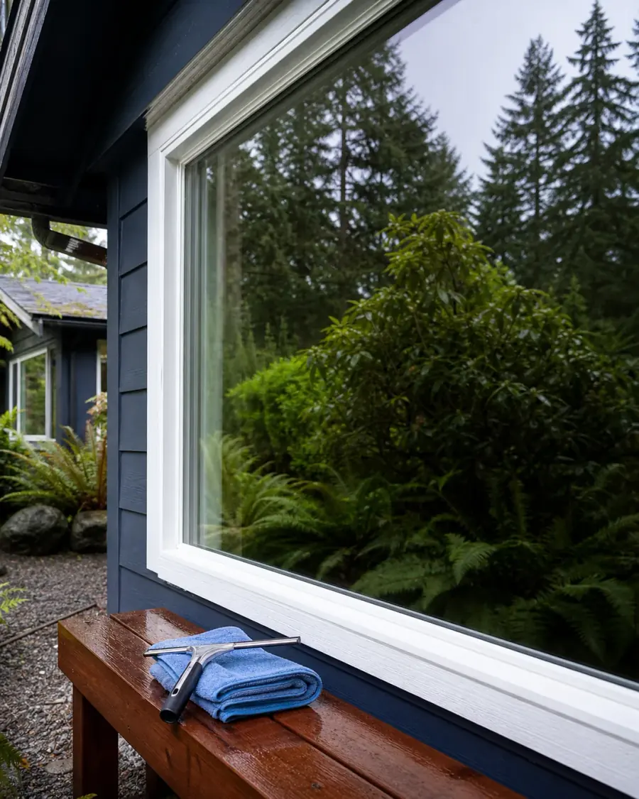 Freshly cleaned residential picture window reflecting a garden